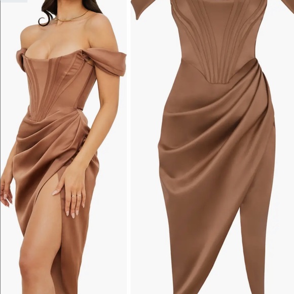 HOUSE OF CB Loretta Off the Shoulder Satin Corset Dress, COLOR TOFFEE SMALL - Picture 2 of 7